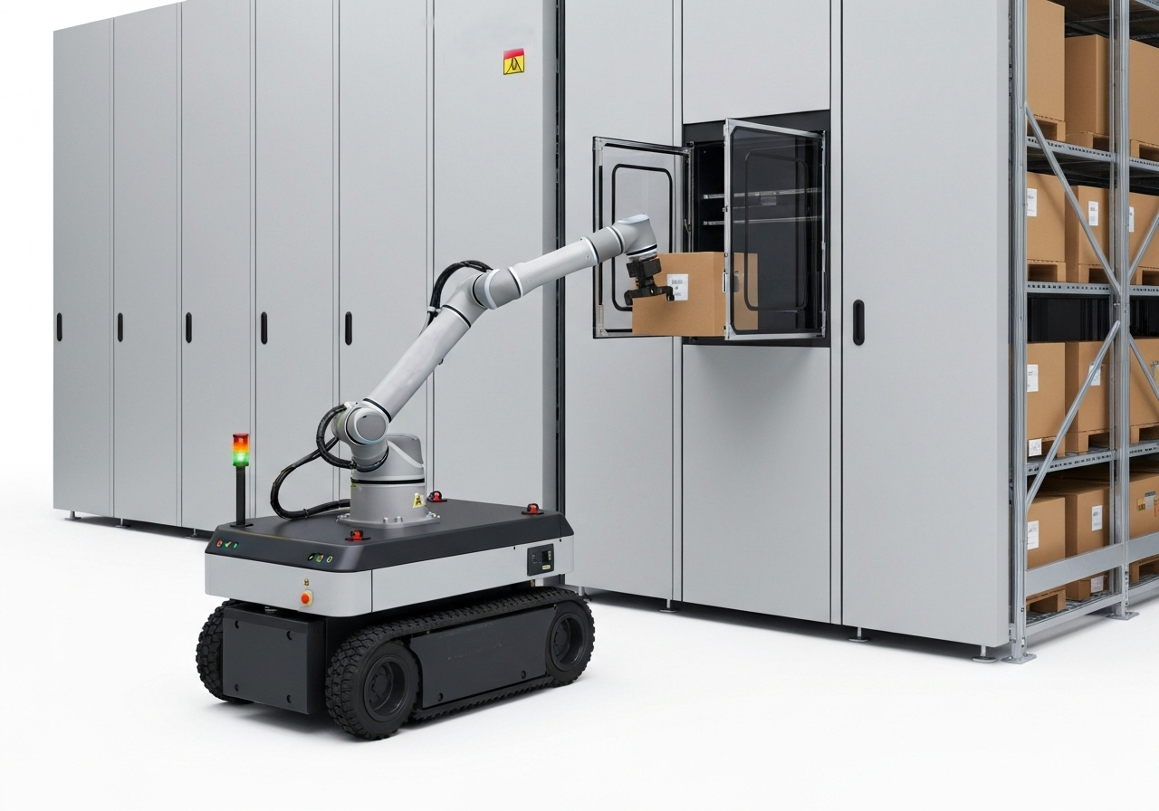 AMR retrieving goods from an autonomous storage system, communicating wireless via URLCC